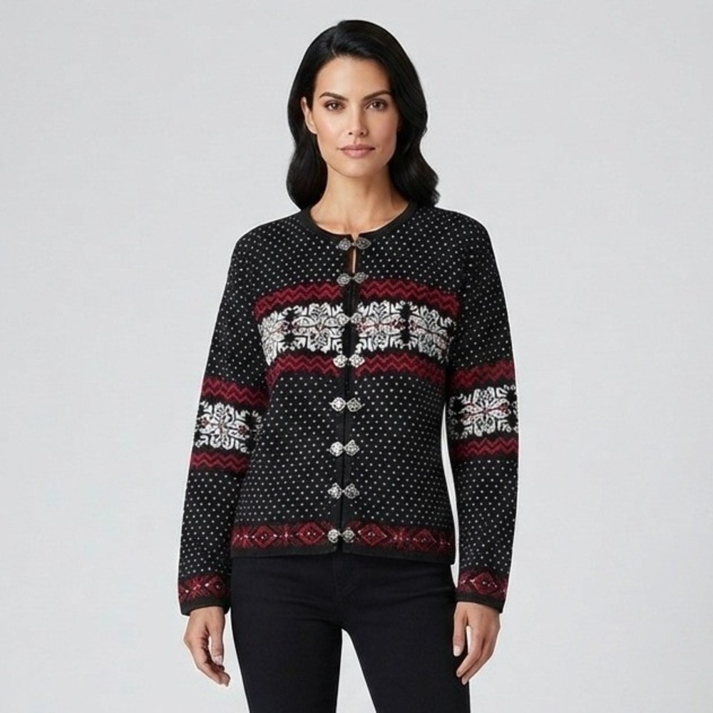 Marsh Landing Nordic Fair Isle Cardigan Heart Clasp Black Red Petite Large PL
